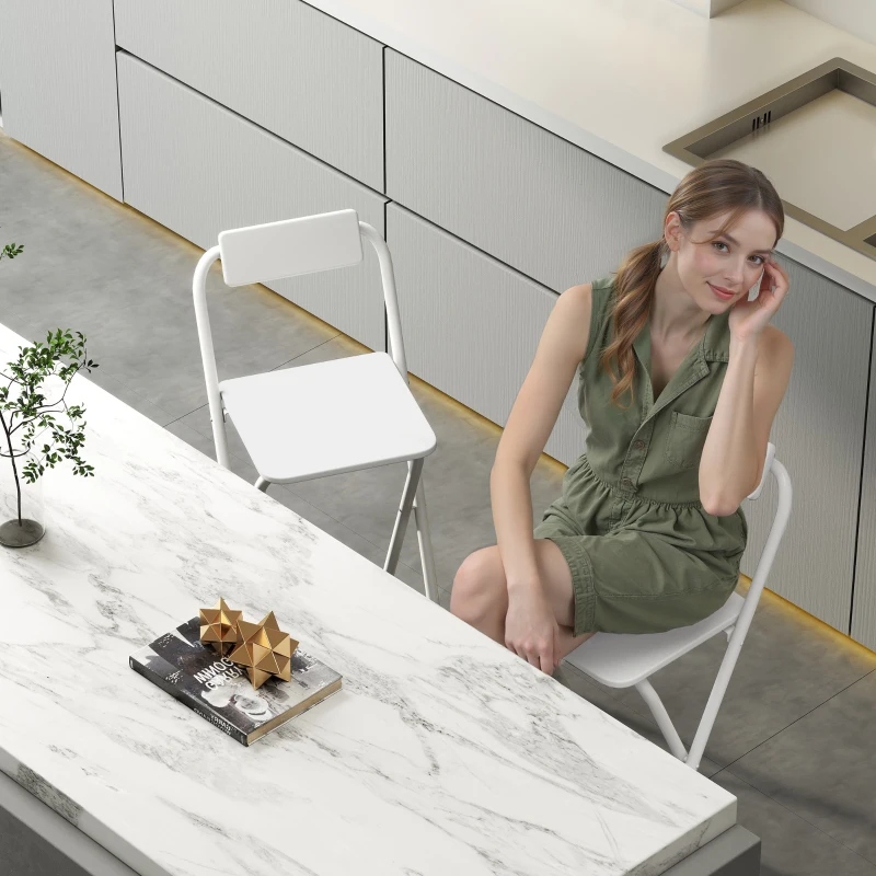 HOMCOM Conjunto de 2 Bancos de Bar Dobráveis Bancos Altos de Cozinha com Encosto Apoio para os Pés 37x45x87 cm Branco
