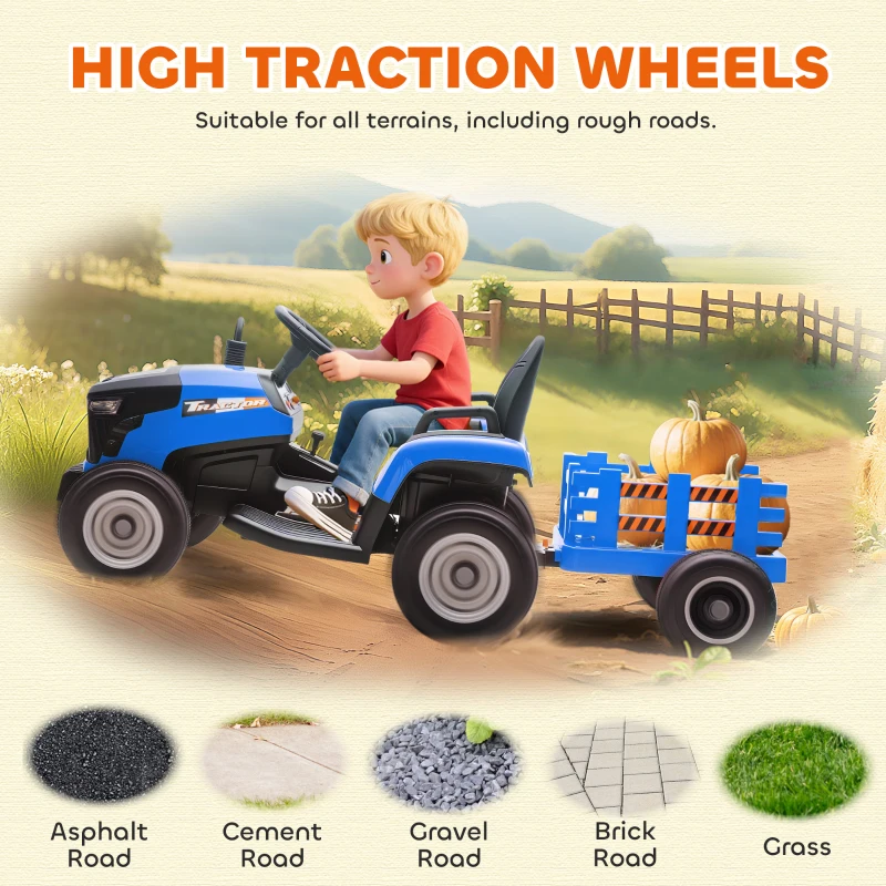 AIYAPLAY 12V Ride on Tractor and Trailer with Remote Control, Music, Shifter, Start-Up Sound, for Kids Ages 3-8 Years, Blue
