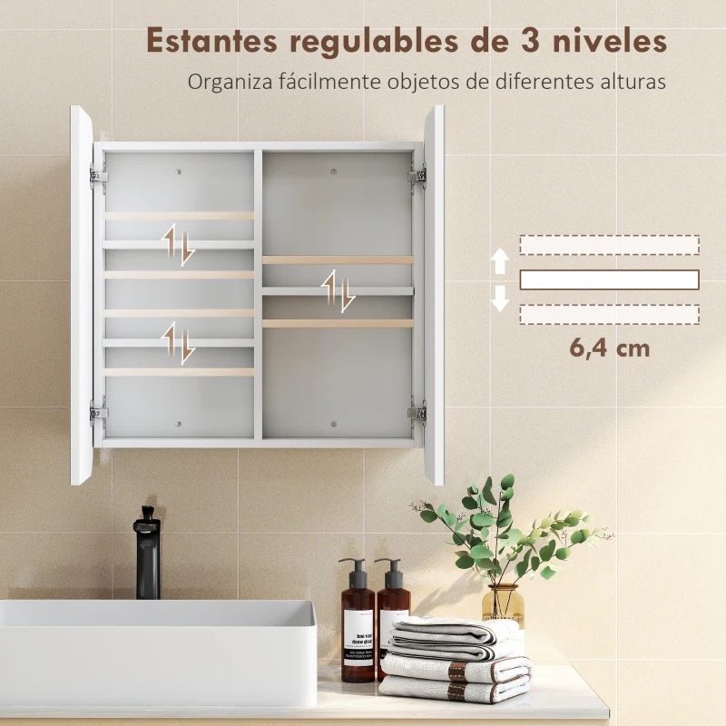 HOMCOM Armario de Baño con Espejo Diseño con Bordes Curvados 2 Puertas Estantes Ajustables 68x13x66 cm Blanco