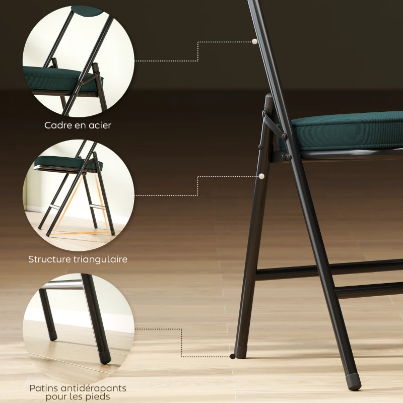 HOMCOM Lot de 4 chaises pliantes chaises de salle à manger portables avec assises et dossiers rembourrés en velours côtelé bleu