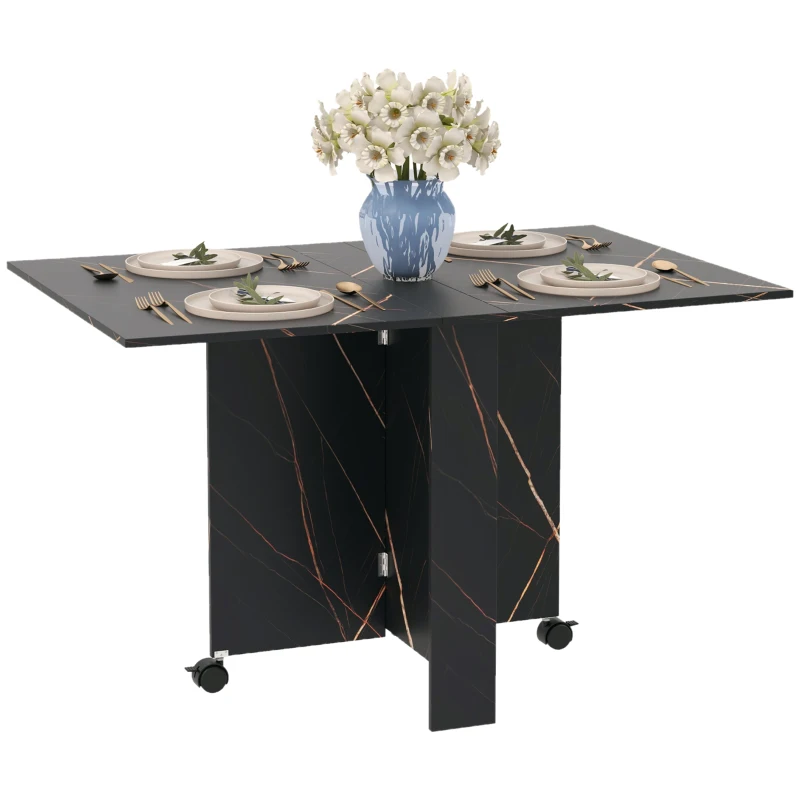 HOMCOM Mesa de Comedor Plegable con Ruedas y 2 Alas Abatibles Hasta 6 Personas Acabado Mármol 120x80x73 cm Negro
