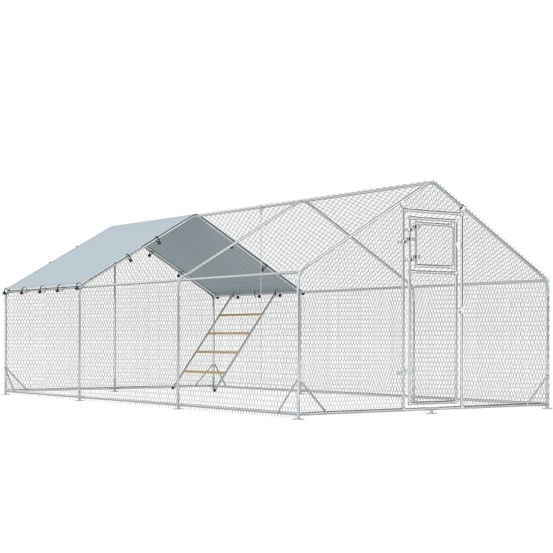 PawHut Galinheiro para Exterior 3x6 m Galinheiro de Aço Galvanizado com Comedouro Suspenso Tipo Espeto Poleiro Anti-UV Prata