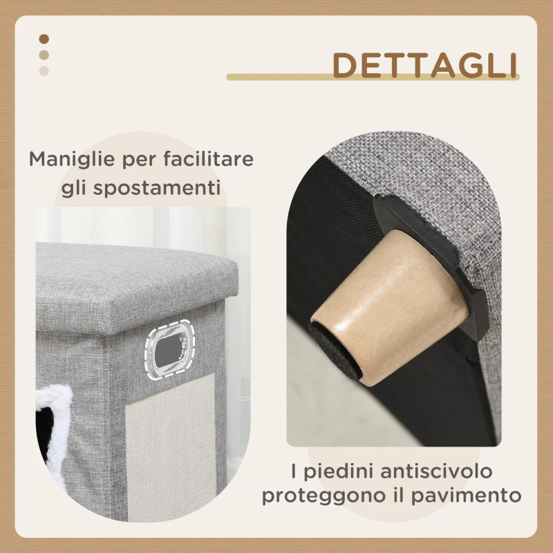 PawHut Casetta per Gatti con Tiragraffi, Cuscino e Pallina, in Legno e Poliestere, 35.5x35.5x42.5 cm, Crema e Grigio