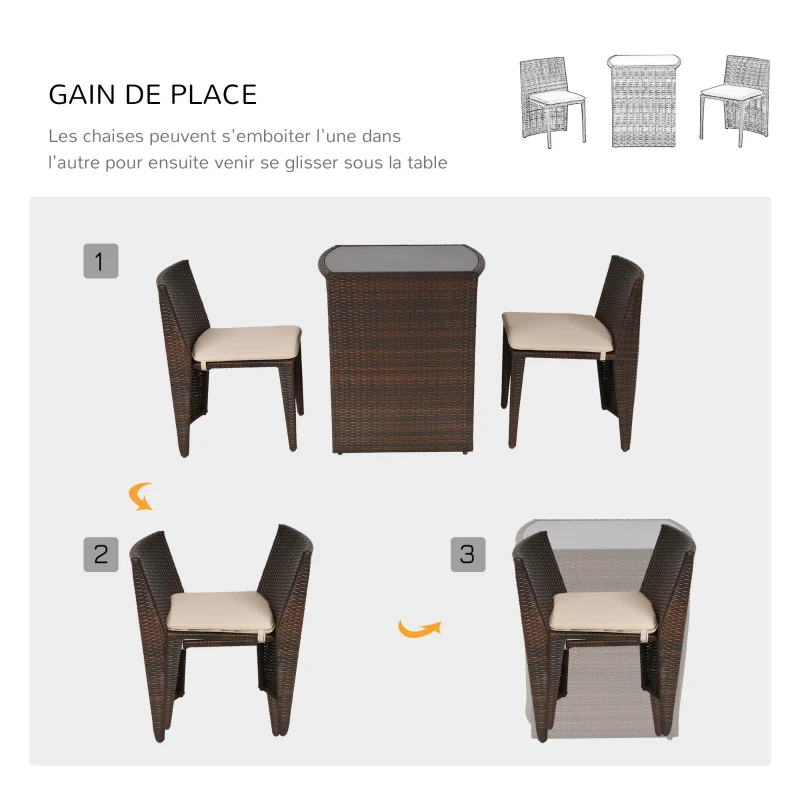 Outsunny Ensemble salon de jardin encastrable 3 pièces plateau table verre trempé + lot de 2 chaises coussins résine tressée chocolat