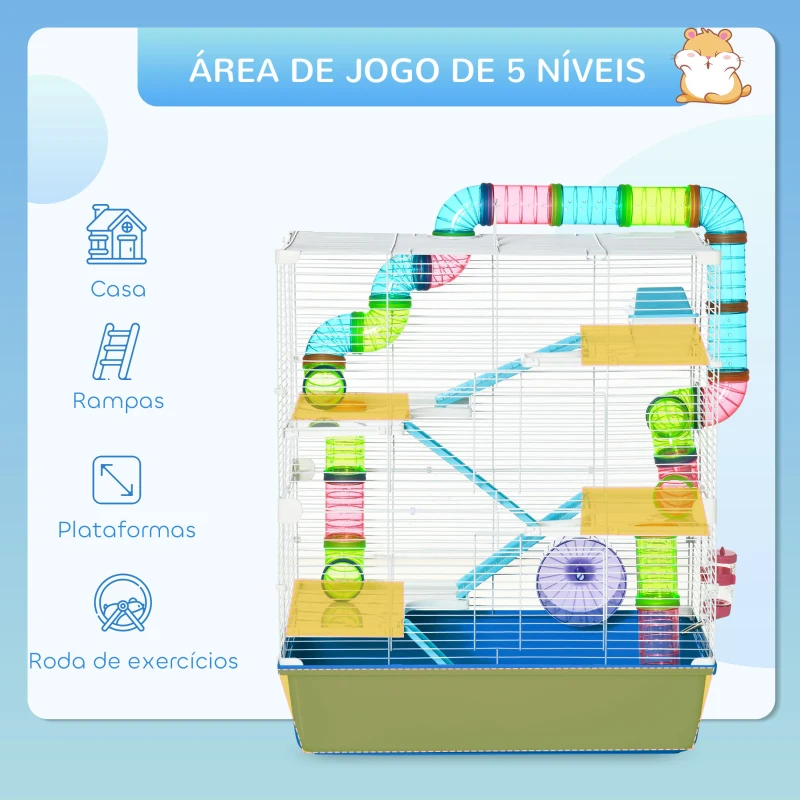 PawHut Gaiola para Hámster Grande 59x36x69 cm com 4 Plataformas Tubos Comedouro Bebedouro 4 Rampas Roda de Exercícios  Multicor