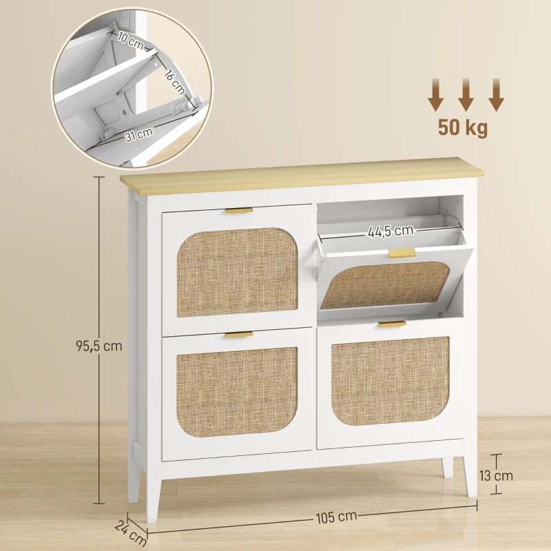 HOMCOM Sapateira Estreita com 4 Portas em Vime e Prateleiras Ajustáveis para 20 Pares de Sapatos 105x24x95,5 cm Branco