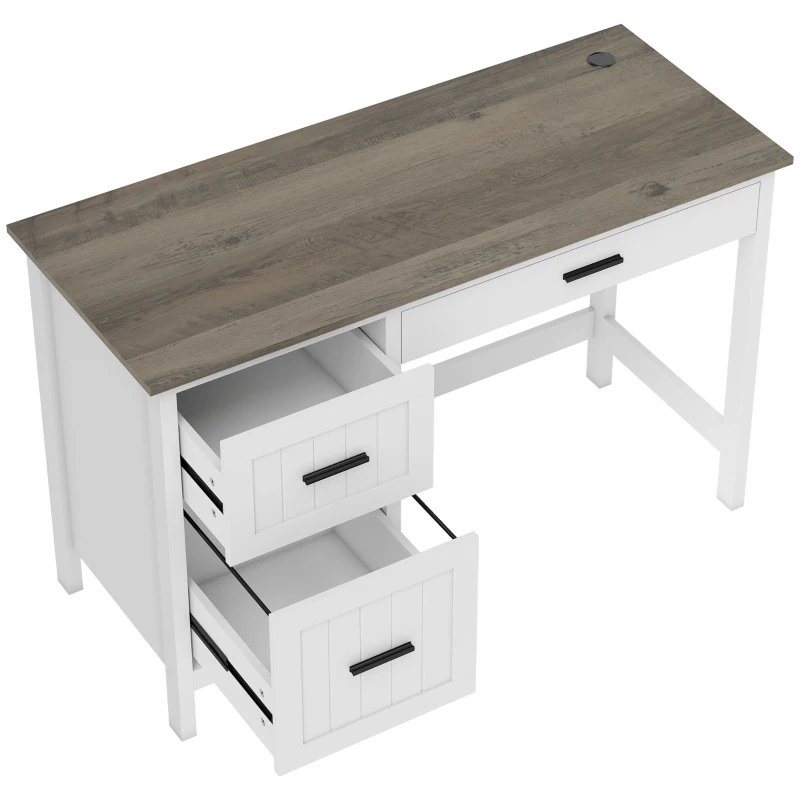 HOMCOM Secretária Rústica com 3 Gavetas e Bancada com Efeito Madeira Mesa para Computador para Estudo Escritório 120x50x76,2 cm Branco
