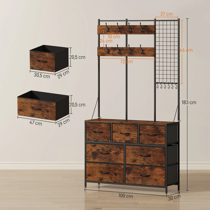 HOMCOM Suporte para Cabides Móvel de Arrumação com Sapateira 14 Ganchos 7 Gavetas de Tecido e Prateleira 100x30x183 cm Castanho Rústico