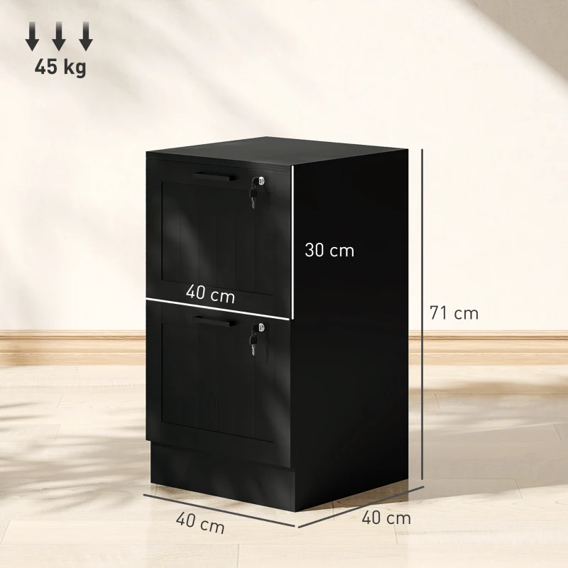 HOMCOM Caisson bureau, meuble rangement bois 2 tiroirs et serrure, barres de suspension réglables, 40 x 40 x 71 cm, noir