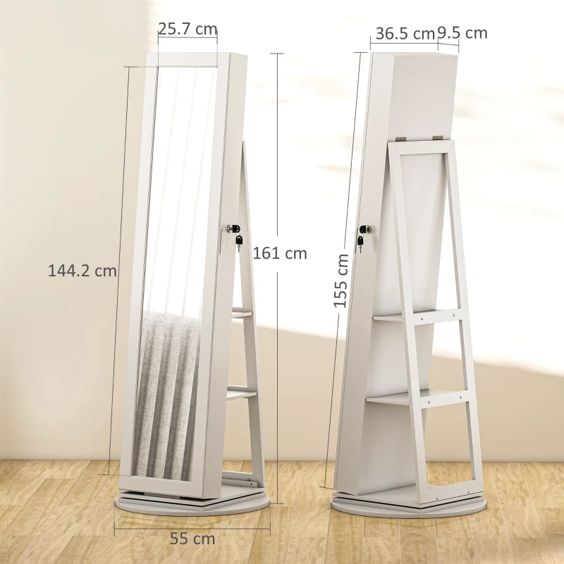 HOMCOM Dulap pentru Bijuterii 3 în 1 Rotativ cu 360°, Rafturi Posterioare și Ușă cu Cheie, 55x55x161 cm, Alb