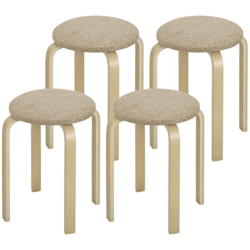 HOMCOM Conjunto de 4 Bancos Empilháveis Redondos Bancos Baixos de Cozinha com Assento Acolchoado Ø40x45 cm Caqui e Madeira