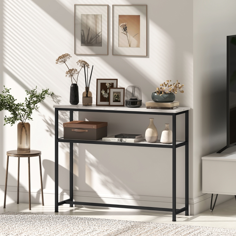 HOMCOM Mesa Consola Moderna Consola Estreita com Superfície com Efeito Mármore Prateleira Aberta e Estrutura de Metal 100x30x81 cm Branco