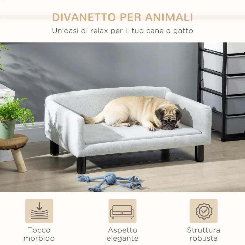 PawHut Divano per Cani Taglia Media e Piccola Vellutato con Cuscino, Braccioli e Schienale, 82x54x36 cm, Grigio Chiaro