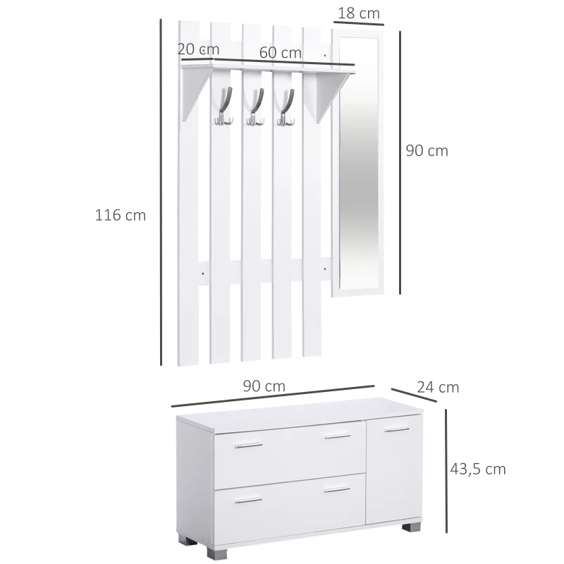 Homcom Ensemble de meubles d'entrée 3 pièces meuble chaussures, miroir et panneau porte-manteau panneaux particules blanc