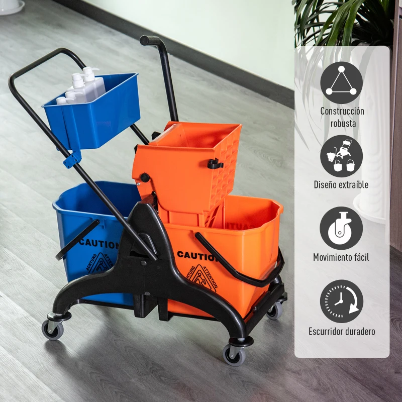 HOMCOM Cubo para Fregona Comercial Cubeta de Trapeador con Escurridor de Presión Abajo Capacidad de 26L con 4 Ruedas Silenciosas Doble Cubetas Separadas 78x45x95 cm Naranja y Azul