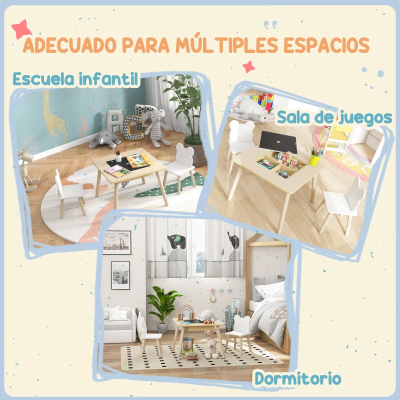 AIYAPLAY Juego de Mesa y 2 Sillas Infantiles de Madera con Compartimentos y Pizarra Desmontable 60x60x44 cm Natural y Blanco