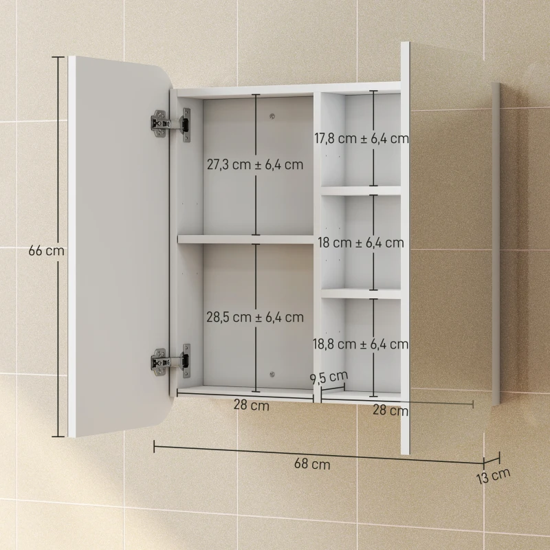 HOMCOM Armario de Baño con Espejo Diseño con Bordes Curvados 2 Puertas Estantes Ajustables 68x13x66 cm Blanco