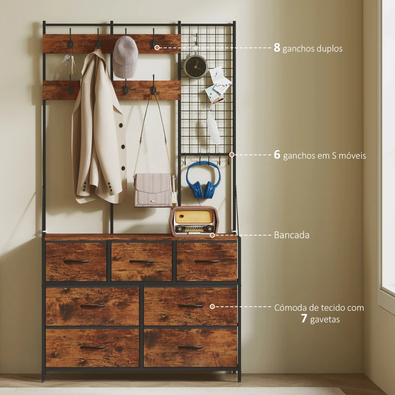 HOMCOM Suporte para Cabides Móvel de Arrumação com Sapateira 14 Ganchos 7 Gavetas de Tecido e Prateleira 100x30x183 cm Castanho Rústico
