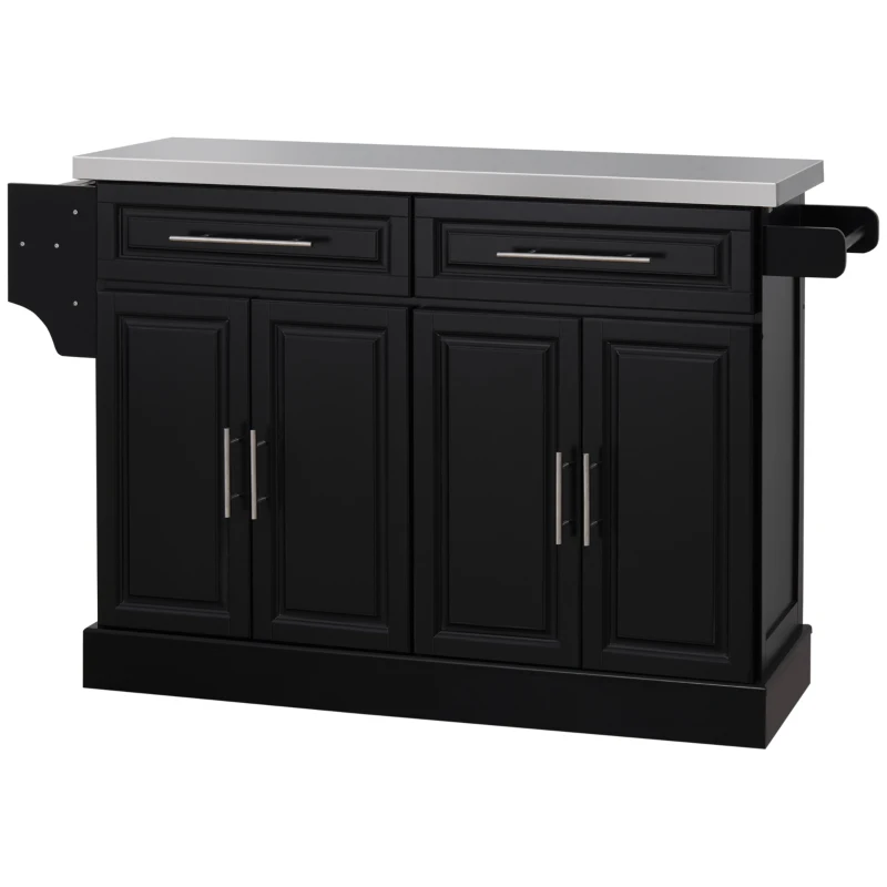 HOMCOM Ilha de Cozinha com Rodas Bancada de Aço Inoxidável 2 Gavetas 4 Portas e 2 Prateleiras Ajustáveis 145x45x93 cm Preto