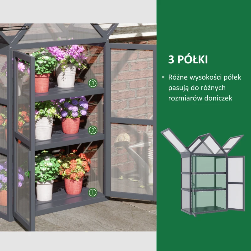 Szklarnia Mini Outsunny 3 Poziomy Treibhaus Ziołowy z Otwieranym Dachem Podwójne Drzwi Drewniane Poliwęglan Wodoodporna Naturalna 70,5 x 42 x 132 cm