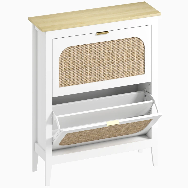 HOMCOM Sapateira Estreita com 2 Portas em Vime e Prateleiras Ajustáveis para 14 Pares de Sapatos 105x24x95,5 cm Branco
