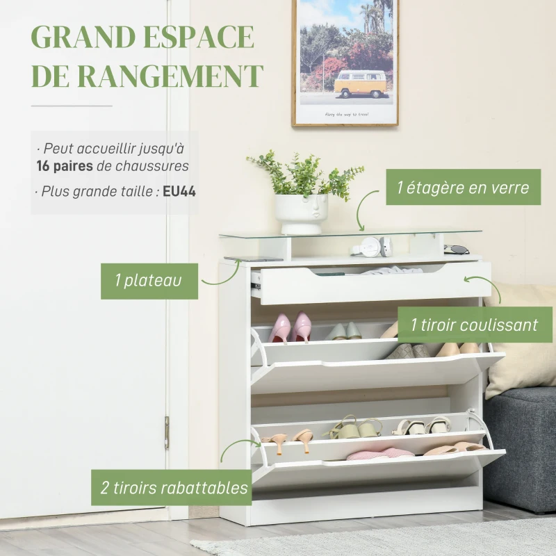HOMCOM Armoire à Chaussures avec 2 tiroirs rabattables + 1 tiroir Coulissant + 1 comptoir et 1 Plateau en Verre étagère réglable sur 2 Niveaux 89 x 23 x 96 cm blanc