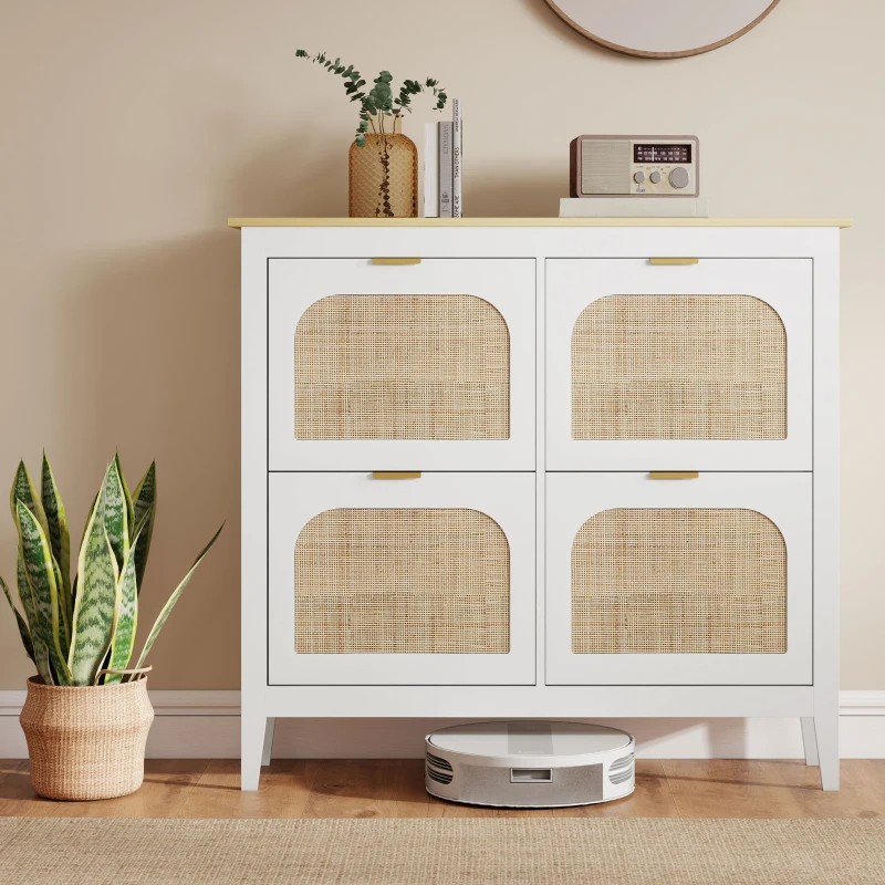 HOMCOM Sapateira Estreita com 4 Portas em Vime e Prateleiras Ajustáveis para 20 Pares de Sapatos 105x24x95,5 cm Branco