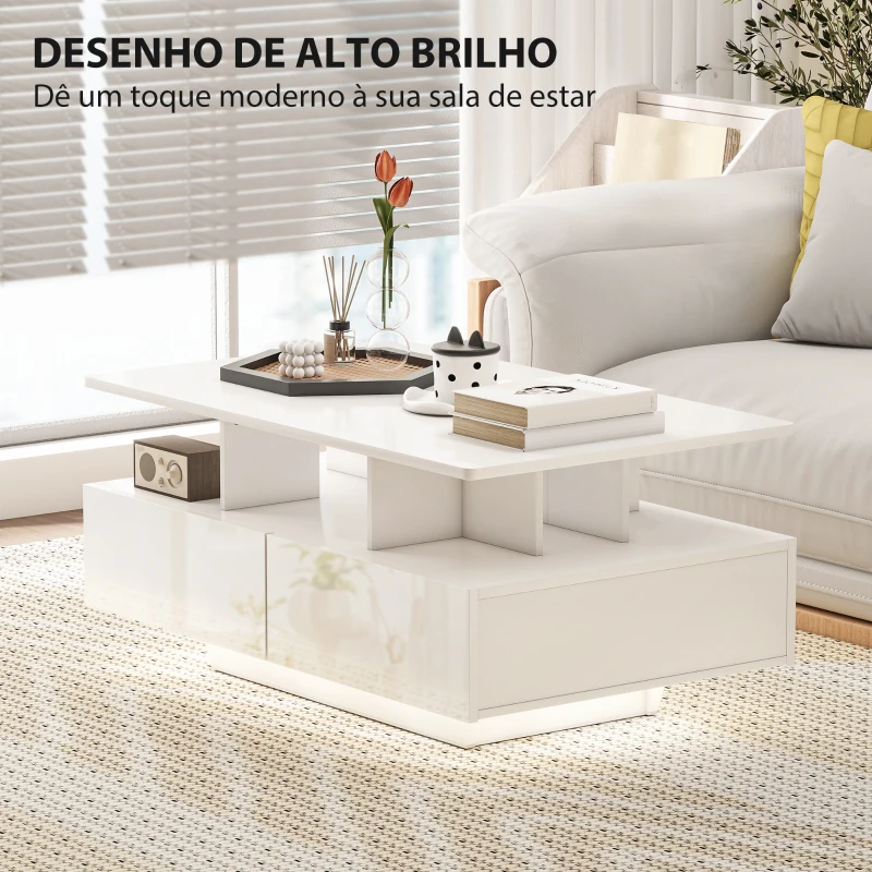 HOMCOM Mesa de Centro Moderna com LED 4 Gavetas Prateleira Aberta e Luzes LED de 16 Cores 90x55x41 cm Branco Brilhante