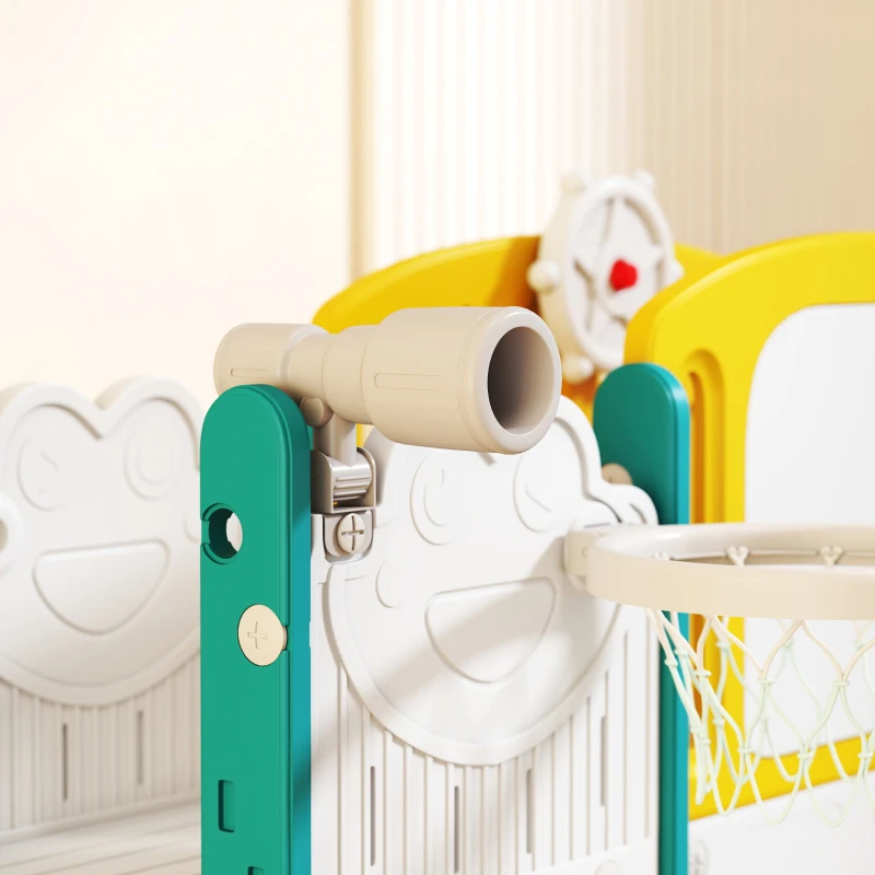 AIYAPLAY Set de Tobogán 7 en 1 para Niños pequeños, Aro de Baloncesto, Diseño de Rana, Escalada, Asiento de Columpio, para interiores y exteriores, Amarillo + Verde