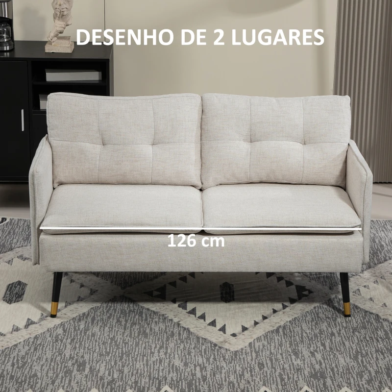 HOMCOM Sofá de 2 Lugares Moderno Estofado em Poliéster com 4 Almofadas Apoio para os Braços e Pés de Aço 139x68x80 cm Creme