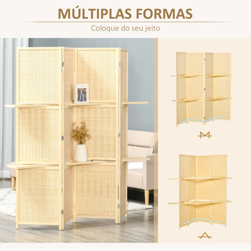 HOMCOM Biombo de 4 Painéis de Bambu Separador de Ambientes Dobrável com 2 Prateleiras Removíveis para Dormitório 180x180 cm Madeira