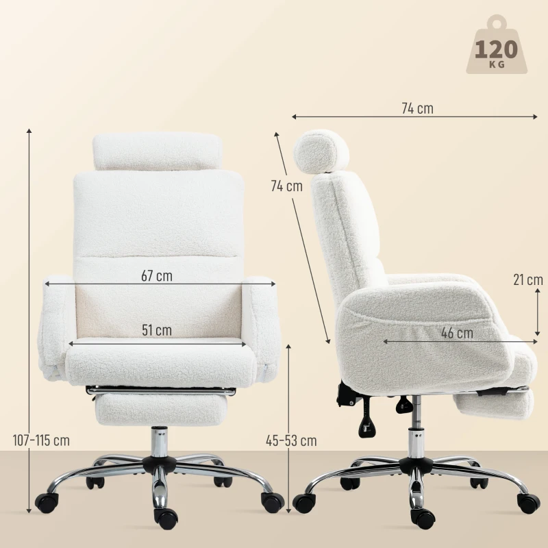 HOMCOM Cadeira de Escritório com Apoio para Pés Estofada em Borreguito e Encosto Reclinável  67x74x107-115 cm Creme