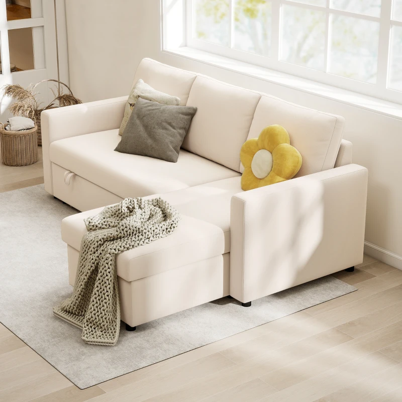 HOMCOM Canapé d'angle convertible modulable avec méridienne réversible, coffre de rangement et 3 coussins de dossier, crème(m-8)
