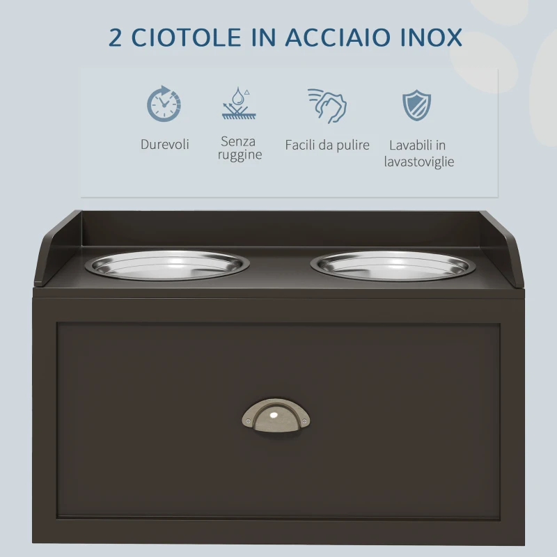 PawHut Ciotole per Cani Rialzate in Acciaio Inox e Legno con Cassetto, 60x30x36cm, Marrone