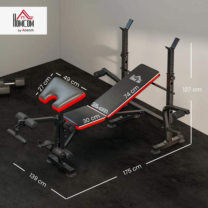 HOMCOM Hantelbank ohne Gewichte, verstellbare Fitnessbank für zahlreiche Übungen, Workout-Station, Stahl, Kunststoff, Schwarz+Rot(m-3)