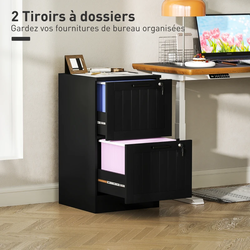 HOMCOM Caisson bureau, meuble rangement bois 2 tiroirs et serrure, barres de suspension réglables, 40 x 40 x 71 cm, noir