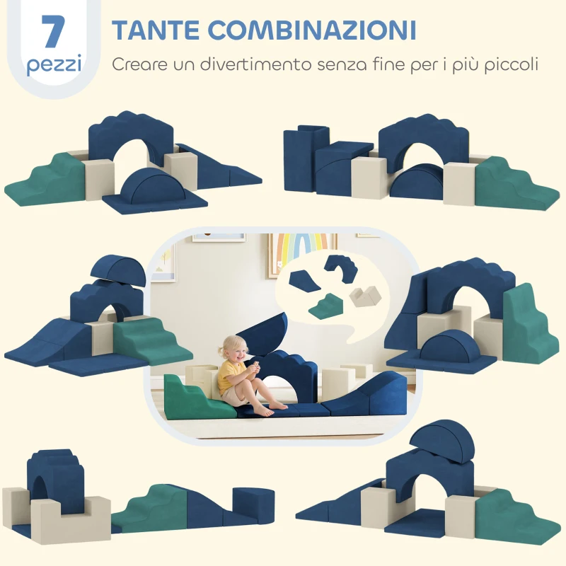AIYAPLAY Set 7 Blocchi di Costruzioni Morbide per Bambini Fino a 3 Anni, Rivestimento in Velluto, Blu