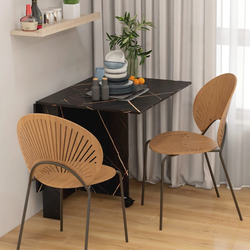 HOMCOM Mesa de Comedor Plegable con Ruedas y 2 Alas Abatibles Hasta 6 Personas Acabado Mármol 120x80x73 cm Negro