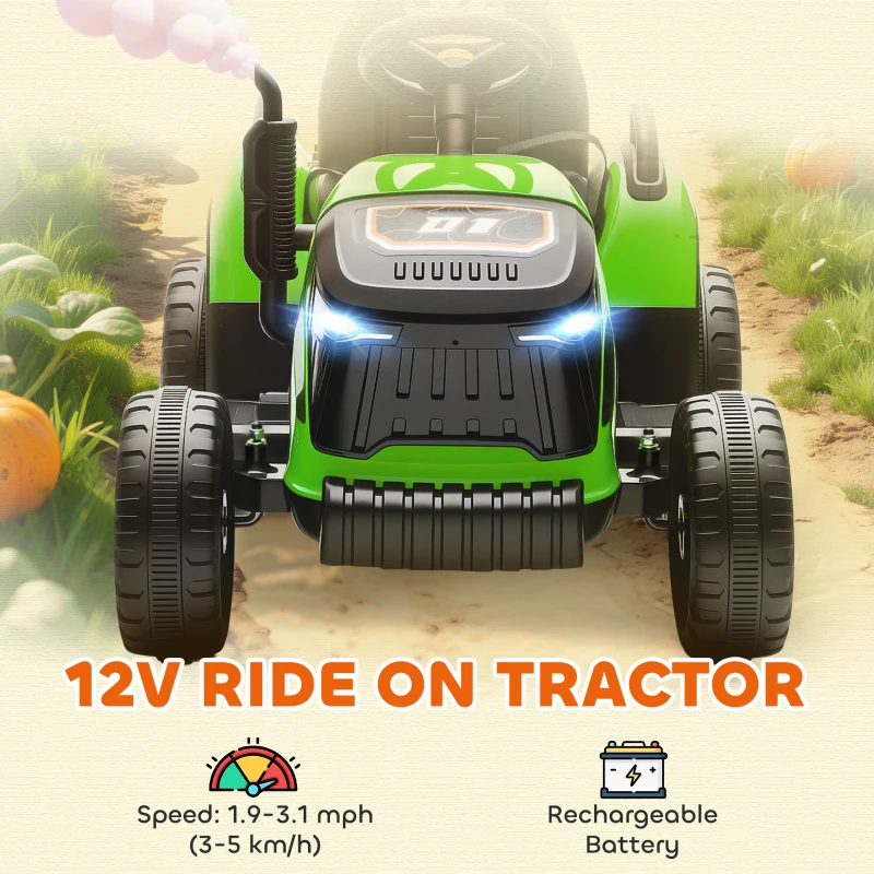 AIYAPLAY 12V Ride on Tractor and Trailer with Remote Control, Music, Shifter, Start-Up Sound, for Kids Ages 3-8 Years, Green