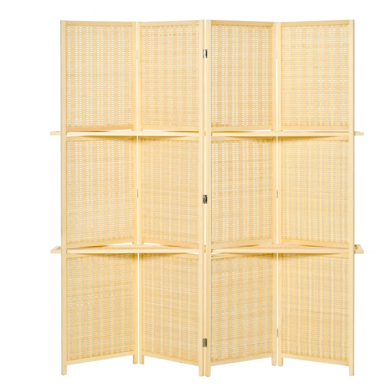 HOMCOM Biombo de 4 Painéis de Bambu Separador de Ambientes Dobrável com 2 Prateleiras Removíveis para Dormitório 180x180 cm Madeira