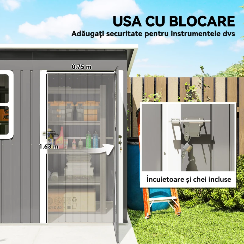 Outsunny Căsuță de Grădină pentru Unelte cu Ușă Batantă și Acoperiș Înclinat, 221x133x190 cm, Gri Închis(m-6)