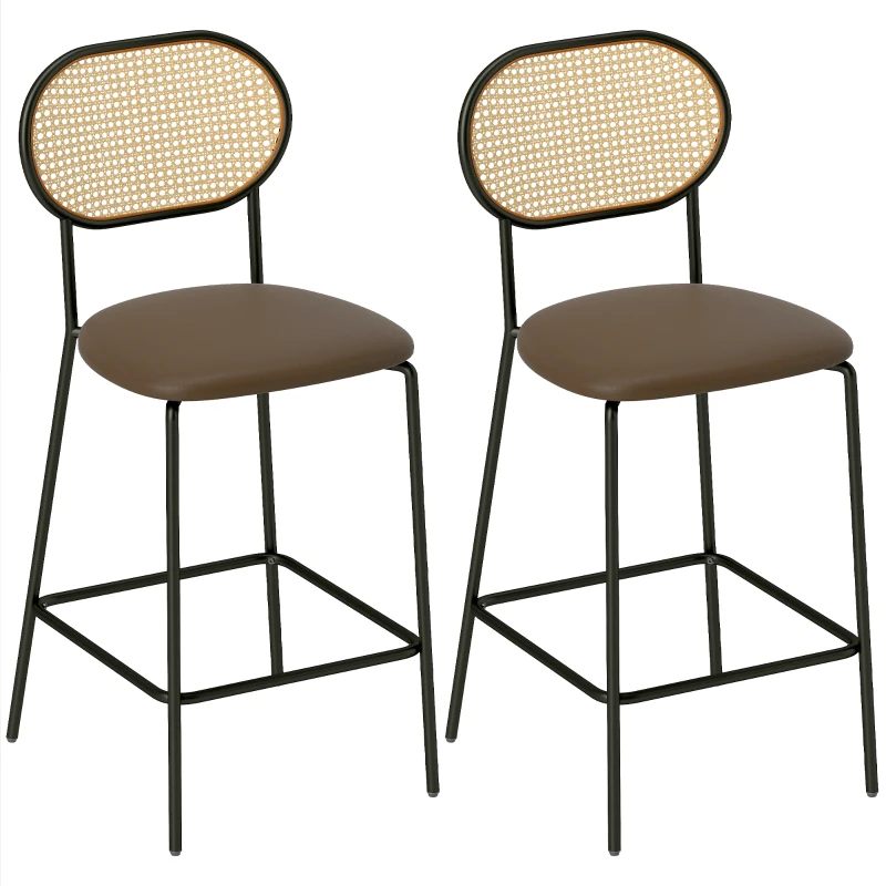 HOMCOM Conjunto de 2 Bancos de Bar Bancos Altos de Cozinha com Encosto em Vime Assento em PU Estrutura de Aço 45x50x97 cm Marrom
