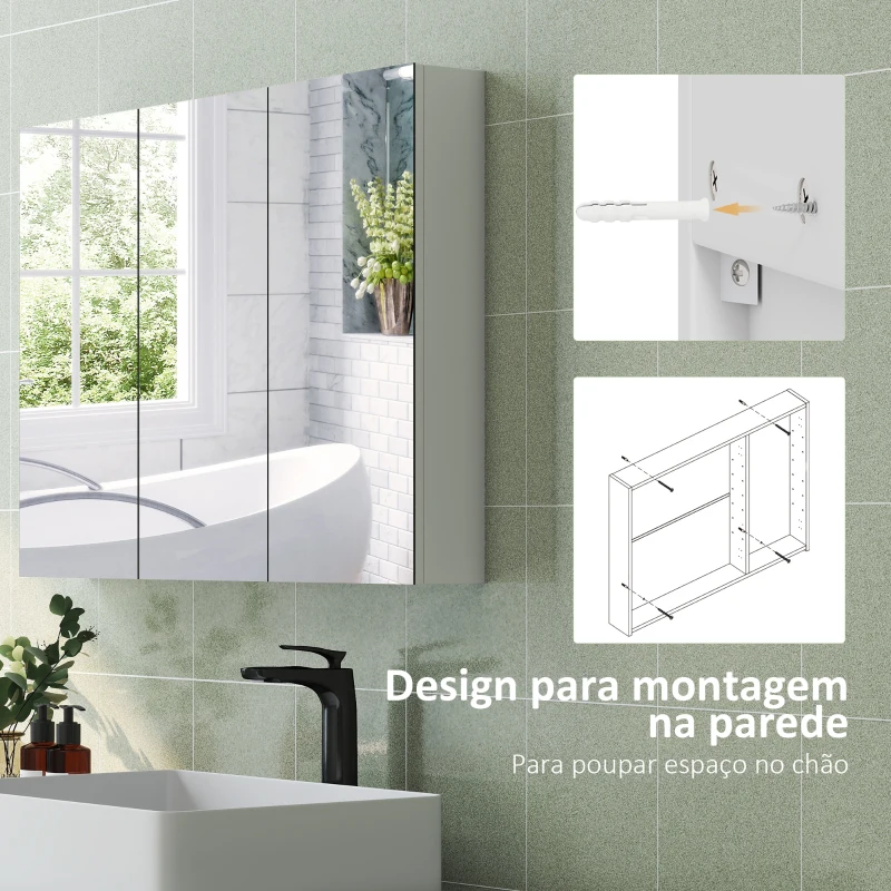 HOMCOM Armário de Casa de Banho com Espelho Armário de Parede Casa de Banho Suspenso com 3 Portas Prateleiras Ajustáveis 91,5x11,5x65 cm Branco