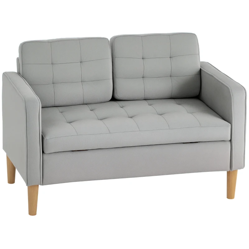 HOMCOM Sofa 2-osobowa z przestrzenią do przechowywania, Pikowana guzikami, Poduszki, Drewno kauczukowe, 117x62x78cm, Jasnoszary