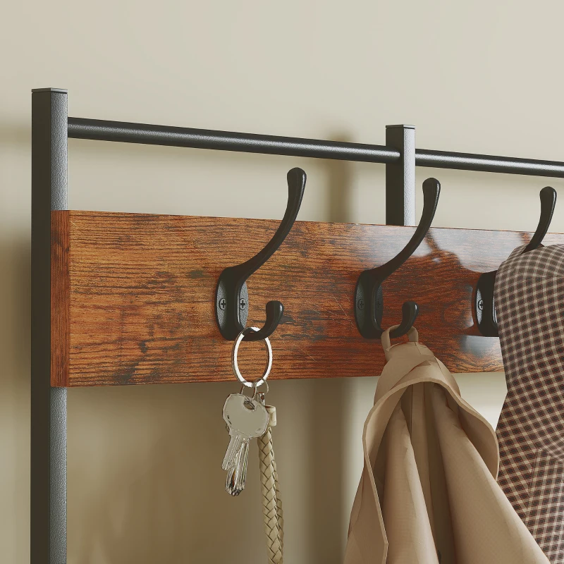 HOMCOM Suporte para Cabides Móvel de Arrumação com Sapateira 14 Ganchos 7 Gavetas de Tecido e Prateleira 100x30x183 cm Castanho Rústico