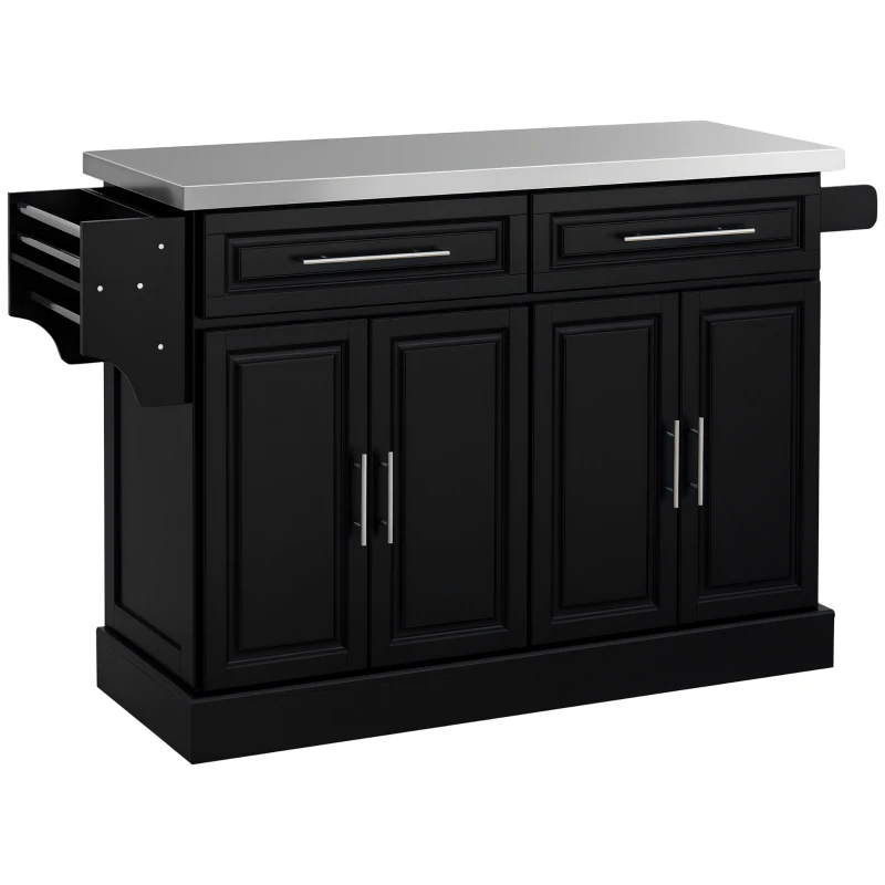 HOMCOM Ilha de Cozinha com Rodas Bancada de Aço Inoxidável 2 Gavetas 4 Portas e 2 Prateleiras Ajustáveis 145x45x93 cm Preto