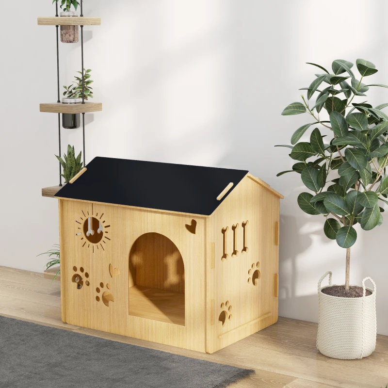 PawHut Cuccia per Cani da Interno con Struttura in Legno e Aperture a Forma di Zampa, Cuore e Ossa, Rovere
