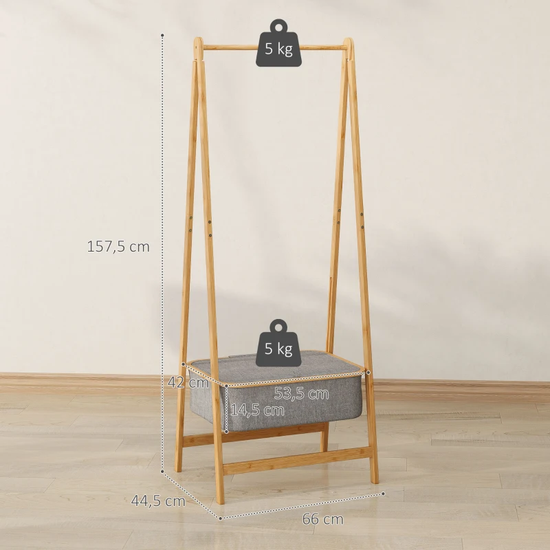 HOMCOM Burro para Ropa Plegable de Bambú con Cesta de Tela con Tapa para Recibidor Entrada Dormitorio 60x44,5x157,5 cm Gris