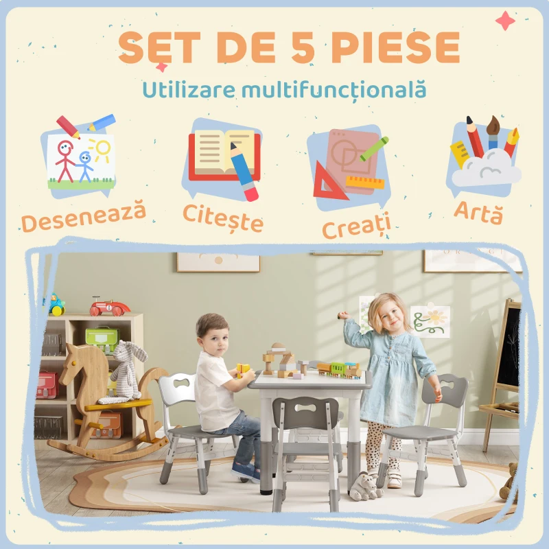 AIYAPLAY Set Masă și Scaune pentru copii 18-60 Luni cu Înălțime Reglabilă și Tablă de Scris, 60x60x46-58 cm, Gri