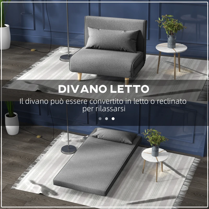 HOMCOM Poltrona Letto 3 in 1 con Schienale Reclinabile su 6 Posizioni in Tessuto, 94x78x80 cm, Grigio